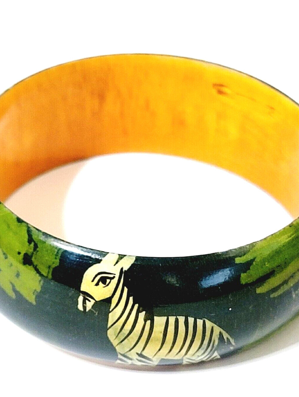 Vintage Enameled‎ Jungle Print Zebra Wide Bangle Bracelet, Green- Tribal bn-1